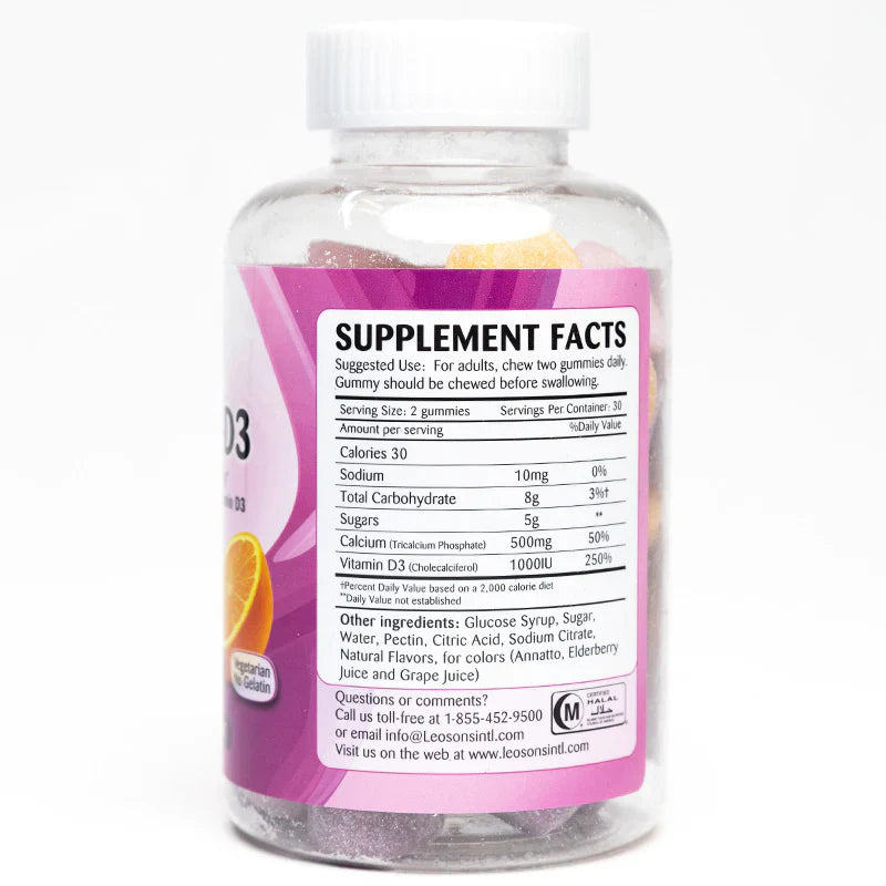 Calcium (500mg) + Vitamin D3 (1000 IU) - 60 ADULT GUMMIES